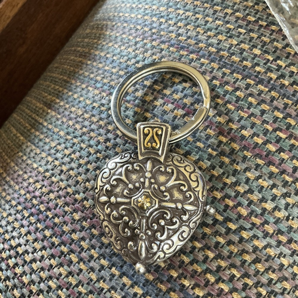 Brighton Vintage Ornate Two Tone Heart Key Fob Keychain Silver Gold Scrollwork